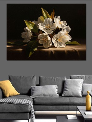 Tablomega Vazoda Beyaz Bahar Çiçekleri Buketi Dekoratif Kanvas - Mdf Ahşap Tablo