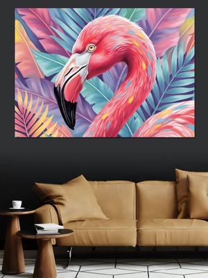 Tablomega Tropikal Yapraklar ve Pembe Flamingo Dekoratif Kanvas - Mdf Ahşap Tablo