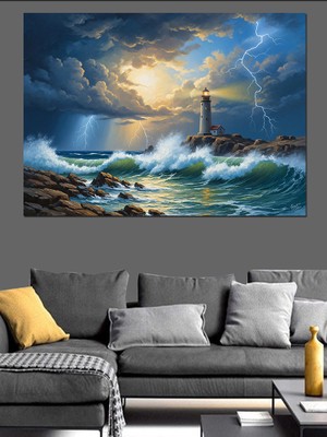 Tablomega Fırtınalı Denizde Deniz Feneri  Dekoratif Kanvas - Mdf Ahşap Tablo