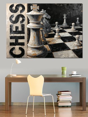 Tablomega Satranç Tahtasında Büyük Şah Taşları Dekoratif Kanvas - Mdf Ahşap Tablo