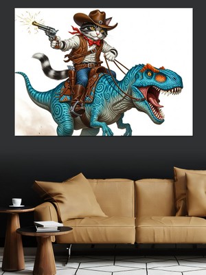 Tablomega Dinozor Üzerinde Kovboy Kedi Illüstrasyonu Dekoratif Kanvas - Mdf Ahşap Tablo