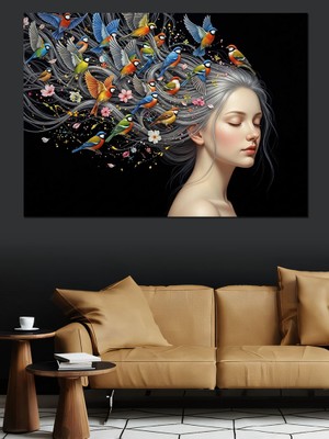 Tablomega Kelebeklerle Bezeli Kadın Saçları Portresi Dekoratif Kanvas - Mdf Ahşap Tablo