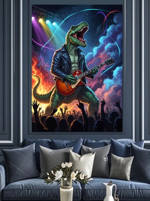 Tablomega Gitar Çalan Rockçı Dinozor Figürü Dekoratif Kanvas - Mdf Ahşap Tablo