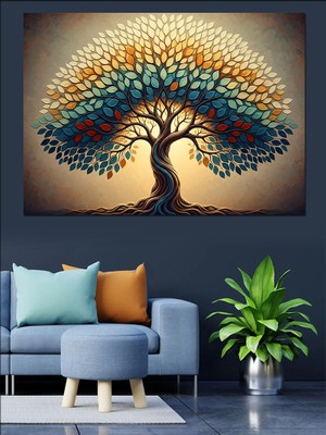 Tablomega Renkli Yapraklı Büyük Hayat Ağacı Dekoratif Kanvas - Mdf Ahşap Tablo