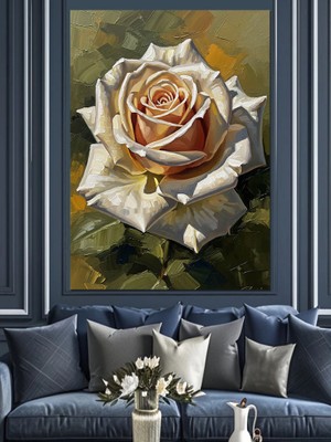 Tablomega Beyaz Gül ve Yapraklar Portresi Dekoratif Kanvas - Mdf Ahşap Tablo