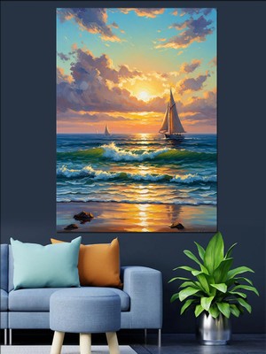 Tablomega Gün Batımında Denizde Yelkenli Gemi Dekoratif Kanvas - Mdf Ahşap Tablo