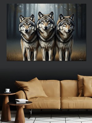 Tablomega Yan Yana Duran Üç Vahşi Kurt Dekoratif Kanvas - Mdf Ahşap Tablo
