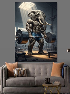 Tablomega Spor Yapan Kaslı Fil Figürü Dekoratif Kanvas - Mdf Ahşap Tablo
