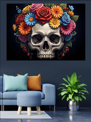 Tablomega Çiçekli Taç Takan Gotik Kurukafa Dekoratif Kanvas - Mdf Ahşap Tablo