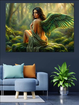 Tablomega Kanatlı Yeşil Elbiseli Doğa Perisi Dekoratif Kanvas - Mdf Ahşap Tablo