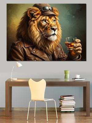 Tablomega Içecek Içen Karizmatik Aslan Portresi Dekoratif Kanvas - Mdf Ahşap Tablo