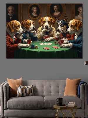 Tablomega Kumar Masasında Köpeklerin Oyun Gecesi Dekoratif Kanvas - Mdf Ahşap Tablo