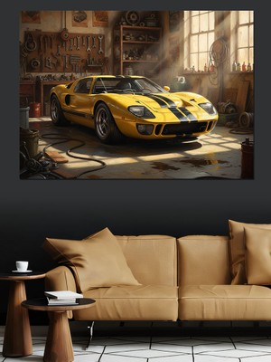 Tablomega Tamirhanede Parlayan Sarı Spor Araba Dekoratif Kanvas - Mdf Ahşap Tablo