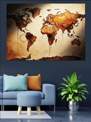Tablomega Eski Kağıt Dokulu Dünya Haritası Dekoratif Kanvas - Mdf Ahşap Tablo