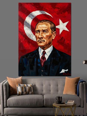 Tablomega Türk Bayrağı Önünde Atatürk Portresi Dekoratif Kanvas - Mdf Ahşap Tablo