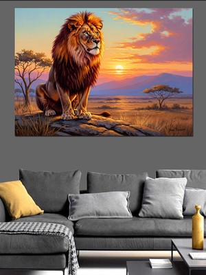 Tablomega Gün Batımında Savanada Erkek Aslan Dekoratif Kanvas - Mdf Ahşap Tablo