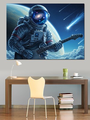 Tablomega Gitar Çalan Uzayda Bir Astronot Dekoratif Kanvas - Mdf Ahşap Tablo