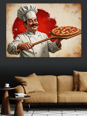 Tablomega Pizza Sunan Neşeli Italyan Şefi Dekoratif Kanvas - Mdf Ahşap Tablo