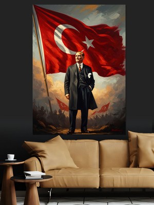 Tablomega Türk Bayrağı Önünde Atatürk Portresi Dekoratif Kanvas - Mdf Ahşap Tablo
