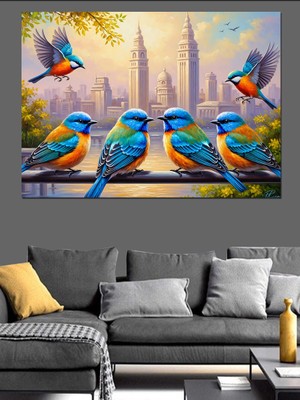 Tablomega Dallarda Öten Renkli Küçük Kuşlar Dekoratif Kanvas - Mdf Ahşap Tablo