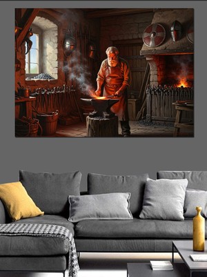 Tablomega Atölyesinde Çalışan Antik Demirci Ustası Dekoratif Kanvas - Mdf Ahşap Tablo