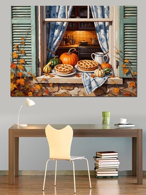 Tablomega Pencere Önünde Sonbahar Balkabağı Sunumu Dekoratif Kanvas - Mdf Ahşap Tablo