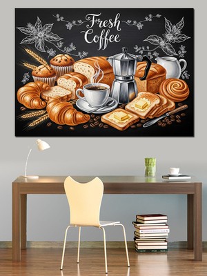 Tablomega Kahve ve Kruvasanlı Kahvaltı Masası Dekoratif Kanvas - Mdf Ahşap Tablo
