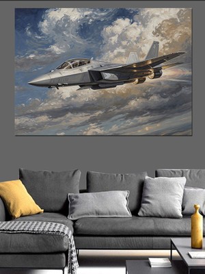 Tablomega Bulutların Üzerinde Savaş Uçağı Jeti Dekoratif Kanvas - Mdf Ahşap Tablo
