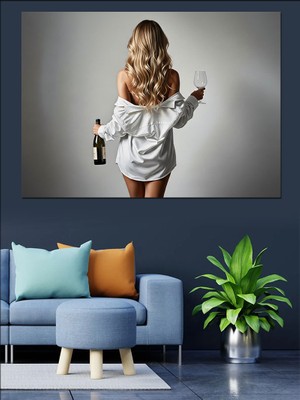 Tablomega Beyaz Gömlekli Şarap Içen Kadın Dekoratif Kanvas - Mdf Ahşap Tablo