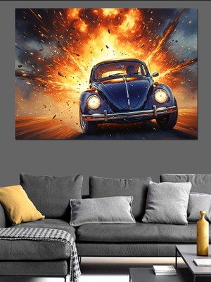 Tablomega Patlama Önünde Duran Klasik Araba Dekoratif Kanvas - Mdf Ahşap Tablo
