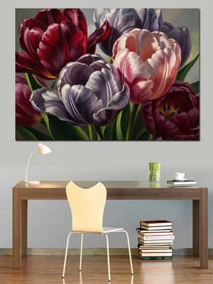 Tablomega Koyu Fonda Renkli Lale Buketi Dekoratif Kanvas - Mdf Ahşap Tablo