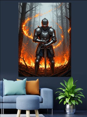 Tablomega Alevler Içinde Zırhlı Şövalye Dekoratif Kanvas - Mdf Ahşap Tablo