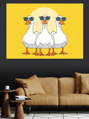 Tablomega Gözlüklü Üç Sevimli Beyaz Ördek Dekoratif Kanvas - Mdf Ahşap Tablo
