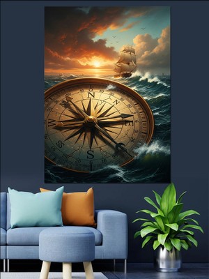 Tablomega Pusula ve Eski Yelkenli Gemi Dekoratif Kanvas - Mdf Ahşap Tablo