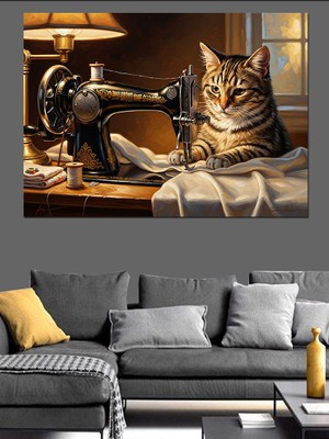 Tablomega Dikiş Makinesi ve Meraklı Kedi Dekoratif Kanvas - Mdf Ahşap Tablo