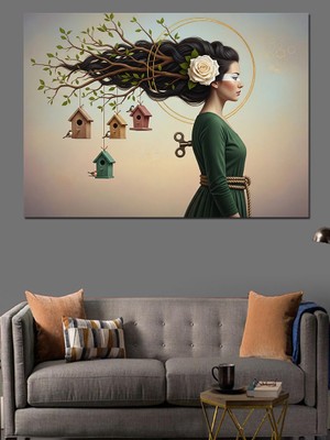 Tablomega Kuş Evli Kadın ve Ağaç Dekoratif Kanvas - Mdf Ahşap Tablo