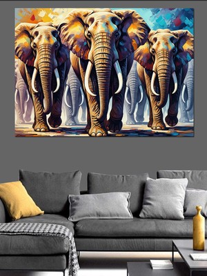 Tablomega Renkli Dokulu Üç Heybetli Fil Dekoratif Kanvas - Mdf Ahşap Tablo