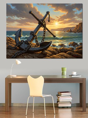 Tablomega Deniz Kenarında Paslı Büyük Çapa Dekoratif Kanvas - Mdf Ahşap Tablo
