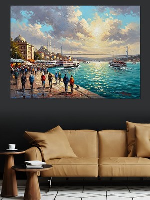Tablomega Liman Kenarında Yürüyen Şehir Insanları Dekoratif Kanvas - Mdf Ahşap Tablo