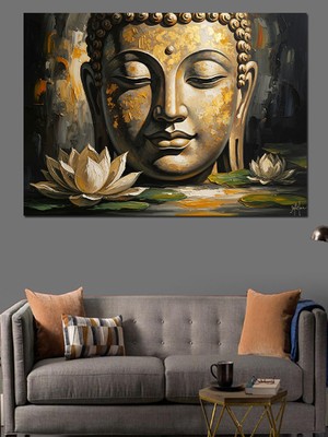 Tablomega Altın Işıklı Meditasyon Yapan Buda Dekoratif Kanvas - Mdf Ahşap Tablo