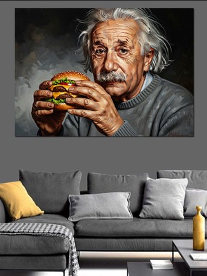 Tablomega Hamburger Yiyen Bilim Insanı Einstein Dekoratif Kanvas - Mdf Ahşap Tablo