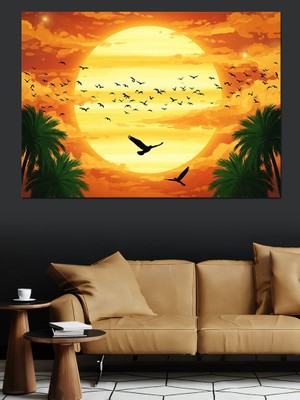 Tablomega Gün Batımında Palmiye ve Kuşlar Dekoratif Kanvas - Mdf Ahşap Tablo