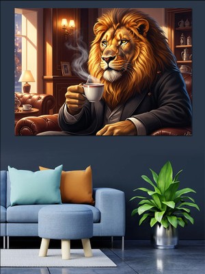 Tablomega Koltukta Kahve Içen Aslan Figürü Dekoratif Kanvas - Mdf Ahşap Tablo