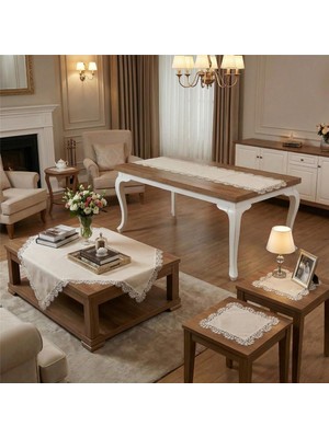 Finezza Violetta Lüx Güpürlü Osmanlı Ipeği Kumaş Krem Salon Takımı 5 Parça 40X80 cm 1036