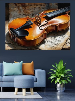 Tablomega Eski Kağıt Üzerinde Antika Keman Dekoratif Kanvas - Mdf Ahşap Tablo