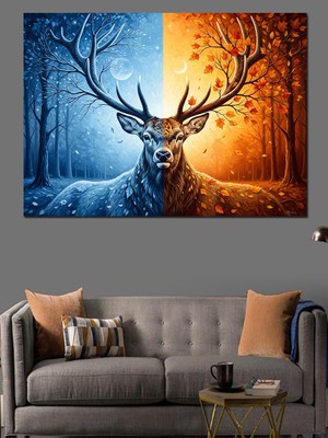 Tablomega Iki Renkli Kozmik Geyik Portresi Dekoratif Kanvas - Mdf Ahşap Tablo