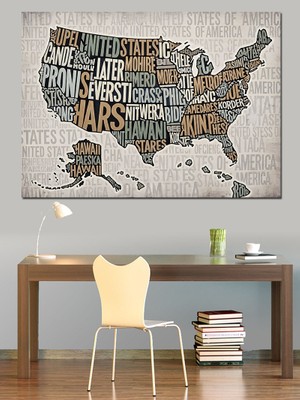 Tablomega Kelimelerden Oluşan Amerika Birleşik Devletleri Haritası Dekoratif Kanvas - Mdf Ahşap Tablo