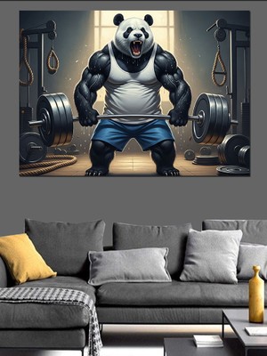 Tablomega Fitness Yapan Kaslı Panda Figürü Dekoratif Kanvas - Mdf Ahşap Tablo
