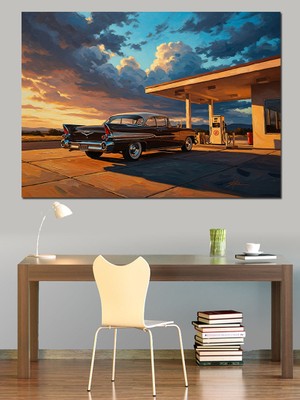 Tablomega Gece Şehrinde Klasik Siyah Araba Dekoratif Kanvas - Mdf Ahşap Tablo