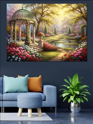 Tablomega Çiçekli Bahçede Huzurlu Köşk Manzarası Dekoratif Kanvas - Mdf Ahşap Tablo